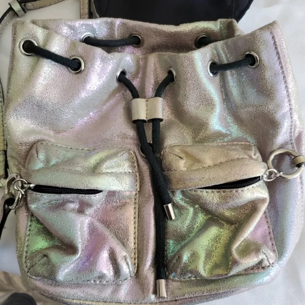 Aldo Mini Backpack Shiny Silver Faux Leather Bag 90s Rave Metallic Bag
